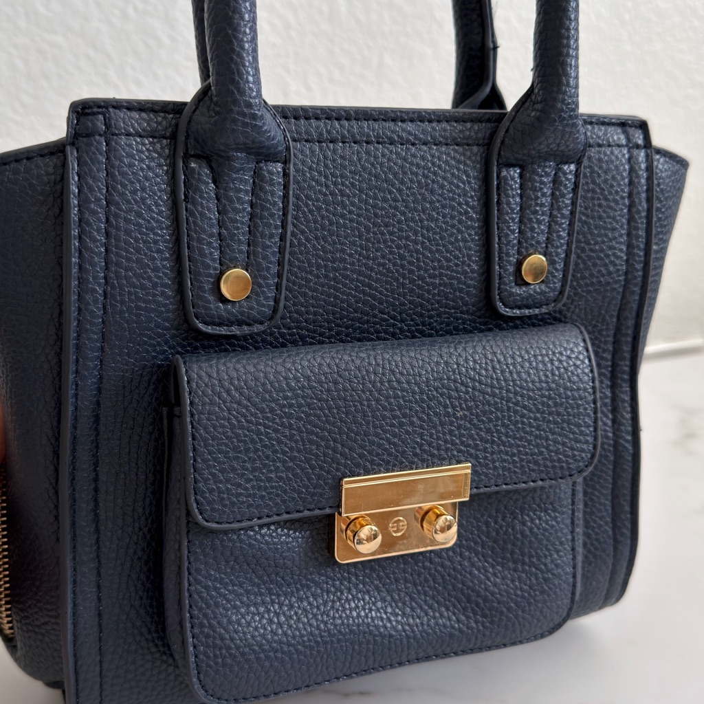 Women's Navy Pebbled Leather Satchel With Gold Hardware